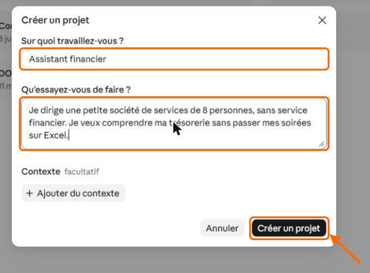 Écran de création d'un projet dans Claude