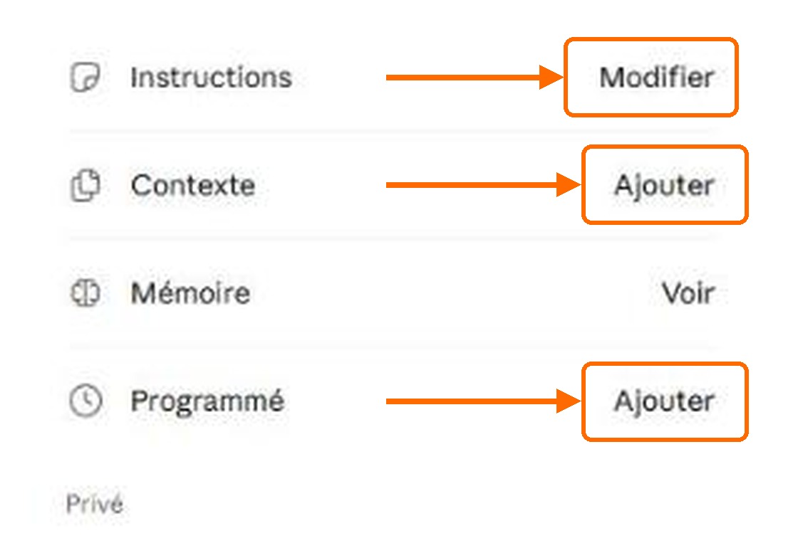 Le panneau de droite du projet, avec Instructions, Contexte et Programmé