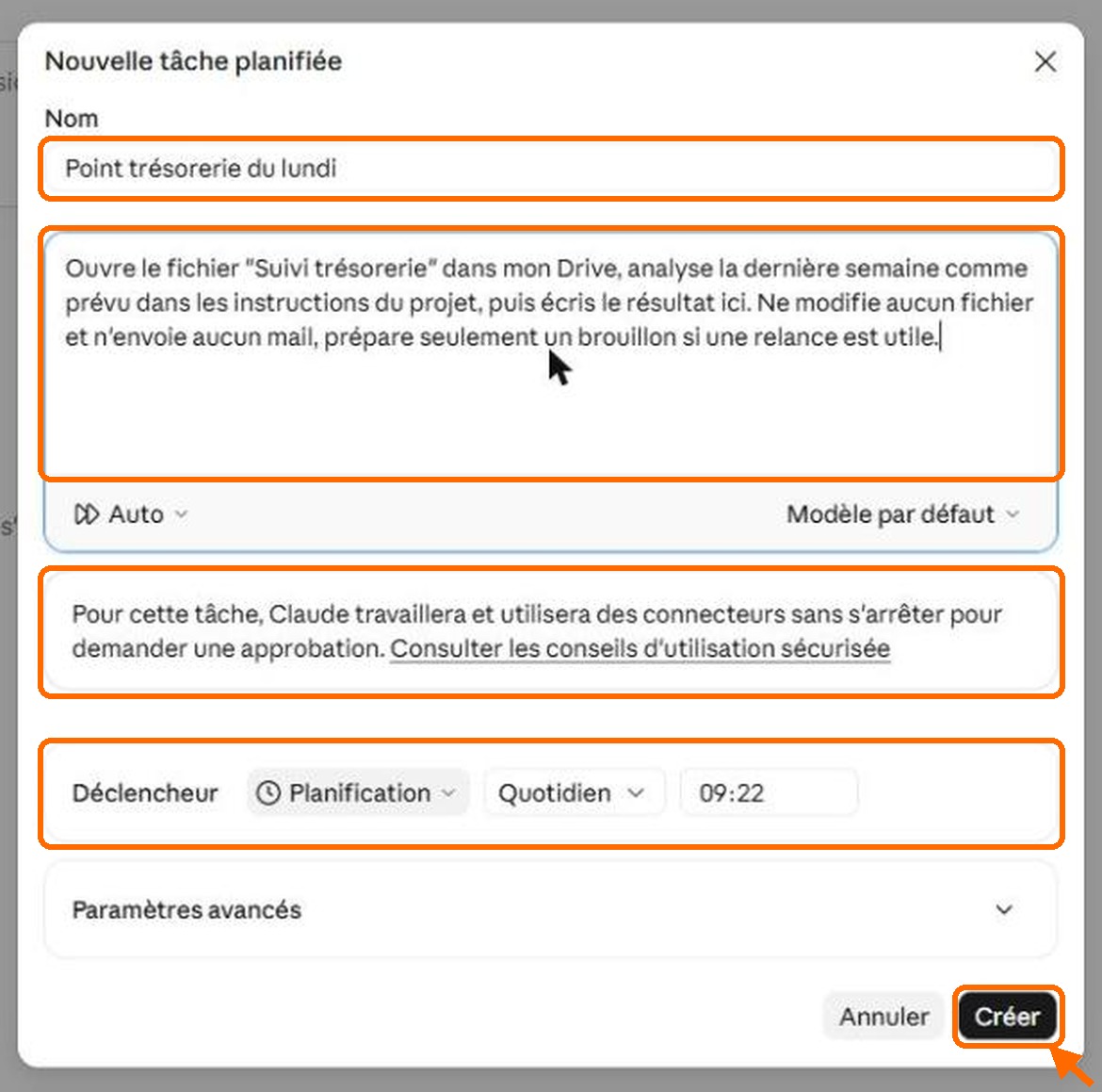 Fenêtre Nouvelle tâche planifiée